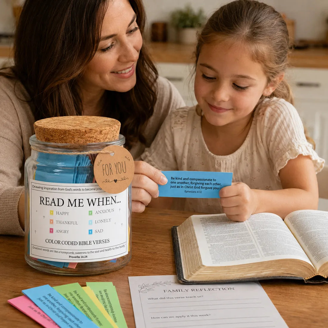 A mother and child using BibleBuddy together with an open Bible