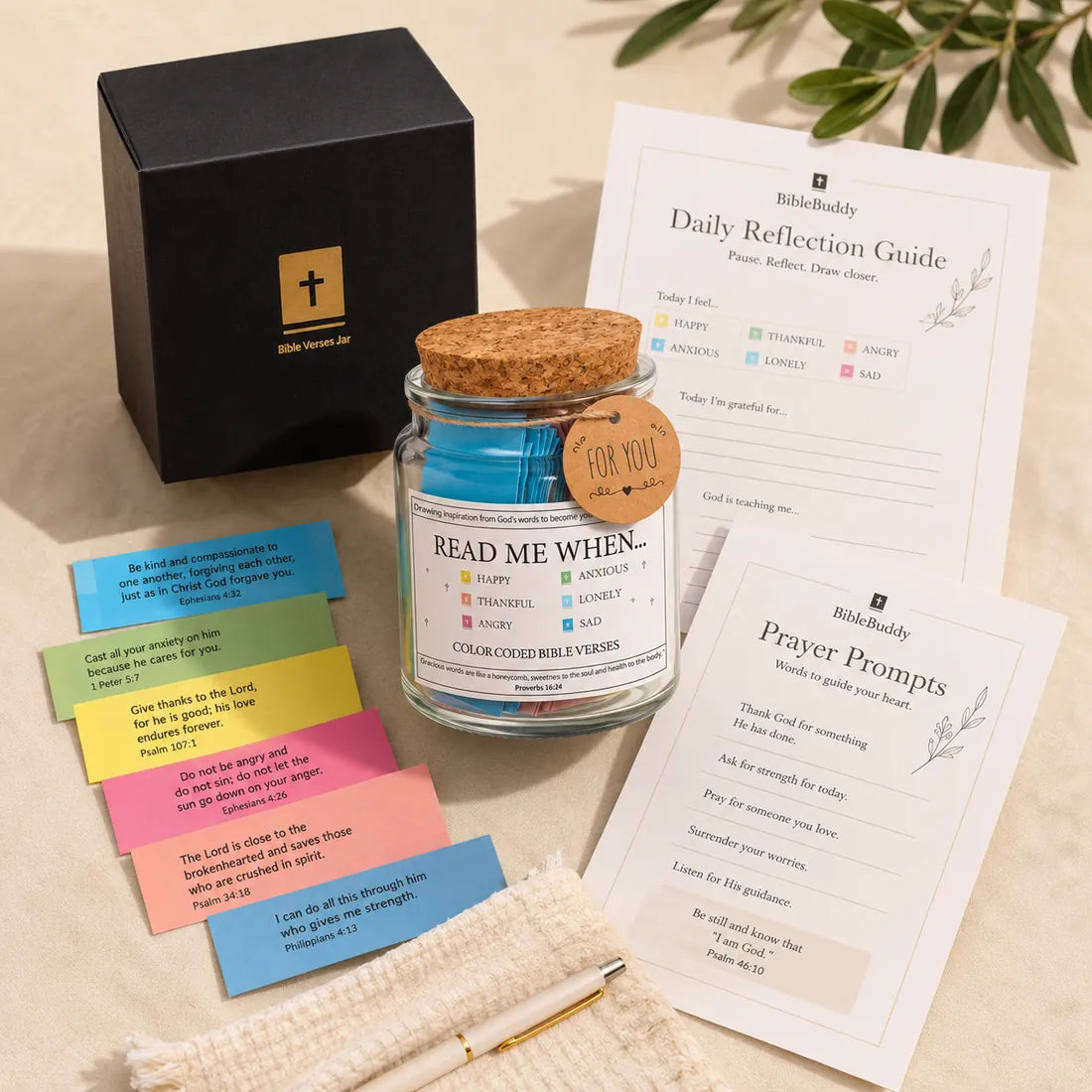 BibleBuddy Scripture jar with printable daily reflection guide and prayer prompt pages
