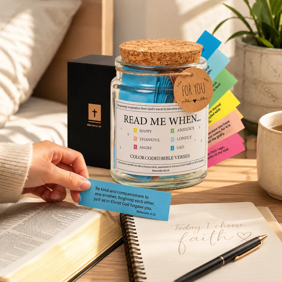A quiet morning Bible study using the BibleBuddy Scripture jar, Bible and journal
